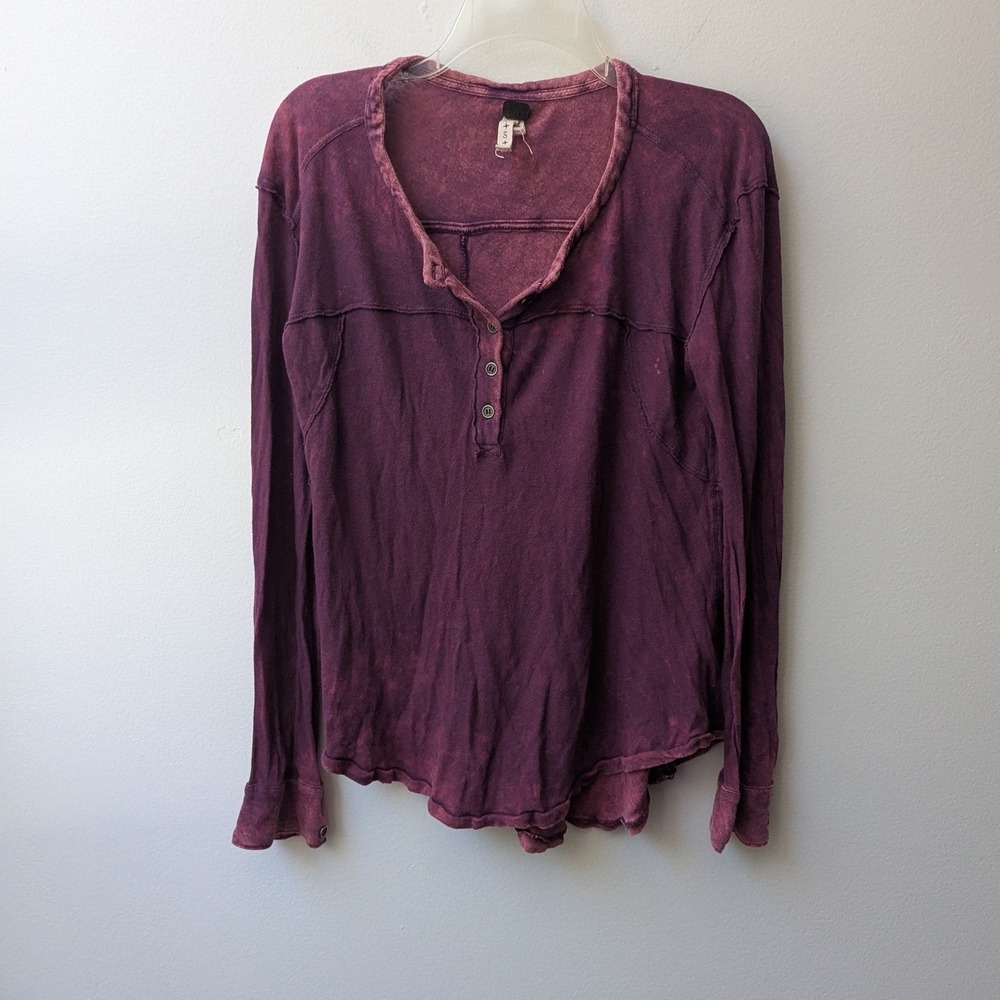 We The Free Henley Top Purple Acid Wash Linen Blend Sz S Boho Oversized Grunge